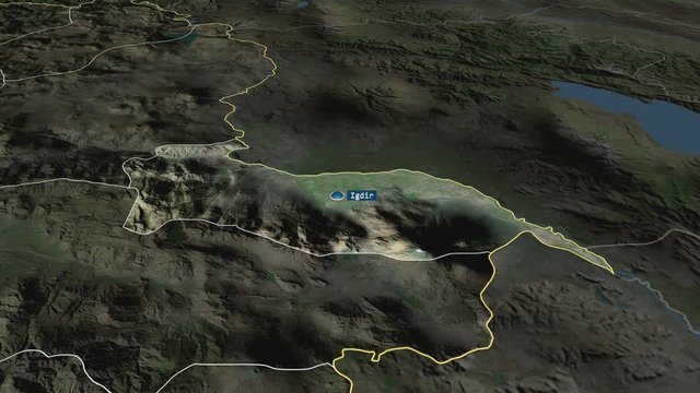 Iğdır - province of Turkey with its capital zoomed on the satellite map of the globe. Animation 3D