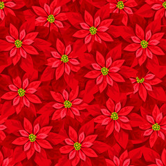 Vector Christmas seamless background with red poinsettia flowers.