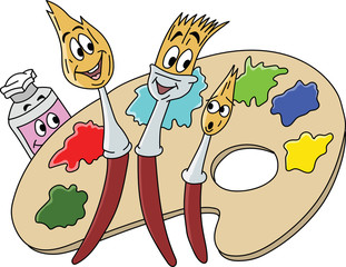 Cartoon paint brush characters smiling and posing in front of an artist's palette vector illustration