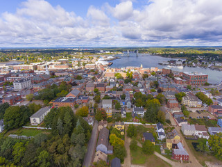 Portsmouth historic city center and Waterfront of Piscataqua River aerial view, New Hampshire, NH, USA.