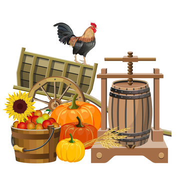 Autumn rural still life with wooden cart, cider press, pumpkins and apples.