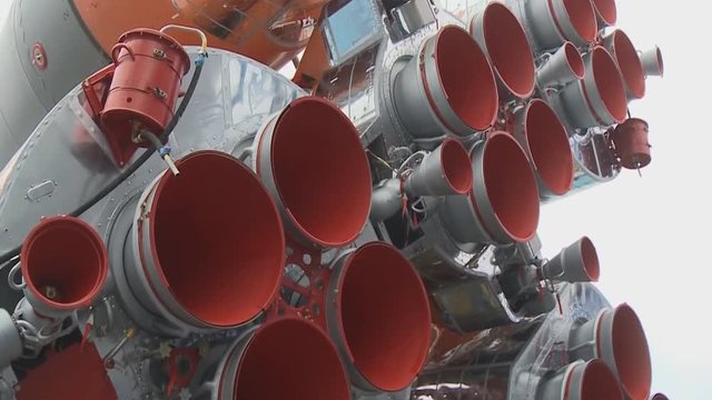 View of the Russian space rocket "Soyuz PG" at the spaceport east. Preparing the rocket for launch.