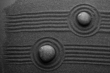 Fotobehang Zen Stenen Black sand with stones and beautiful pattern, flat lay. Zen concept  © New Africa