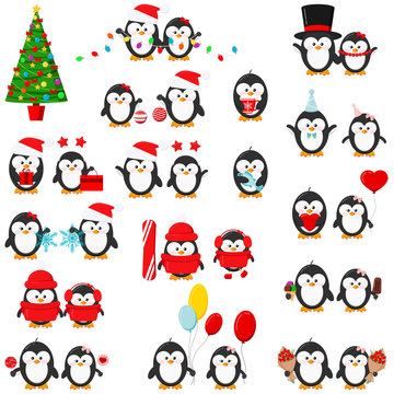 Cute penguin boy and girl set isolated on white background