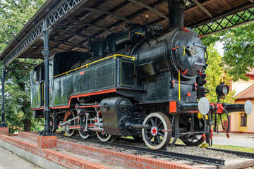 Kikinda, Serbia - July 26, 2019: An old locomotive set in Kikinda. The steam locomotive was made in Budapest in 1916, with 470 horsepower at 60 km/h.