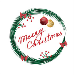 Fototapeta premium Christmas wreath with balls and holly on a white background