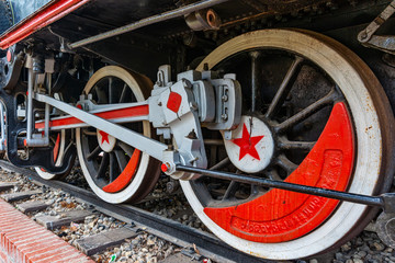 Kikinda, Serbia - July 26, 2019: An old locomotive set in Kikinda. The steam locomotive was made in Budapest in 1916, with 470 horsepower at 60 km/h.