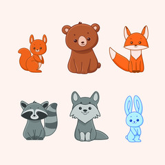Cartoon forest animal - bear, Fox, wolf, raccoon, squirrel, hare. Cute character for children. Vector illustration in cartoon style. Animal alphabet.