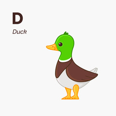 Cartoon duck, cute character for children. Good illustration in cartoon style. Animal alphabet.