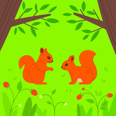 Obraz na płótnie Canvas Cute squirrel in forest, cute character for children. Vector illustration in cartoon style for prints, clothing and postcards.
