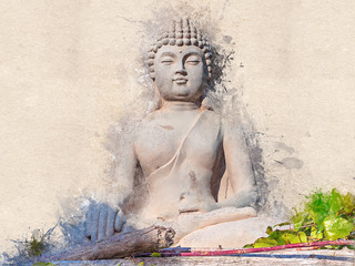 Buddha sitting in yard with art and colorful background in paint style