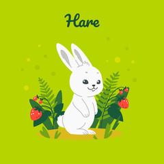 Cartoon hare on grass, cute character for children. Good illustration in cartoon style for prints, clothing and postcards.