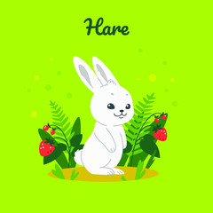 Cartoon hare on grass, cute character for children. Vector illustration in cartoon style for prints, clothing and postcards.
