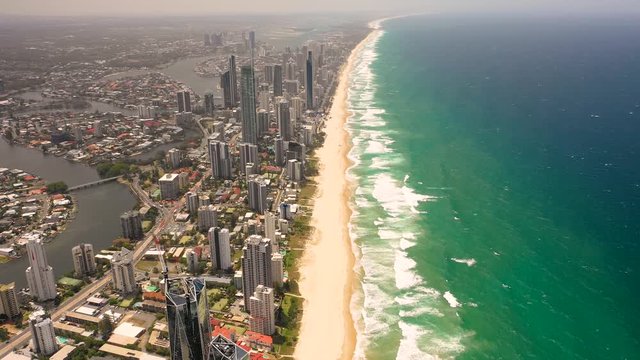 Aerial view of Gold Coast cityscape during the sunset, Queensland, Australia.