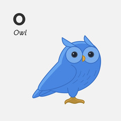 Cartoon owl, cute character for children. Good illustration in cartoon style. Animal alphabet.