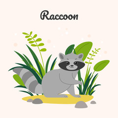 Obraz na płótnie Canvas Cartoon raccoon on grass, cute character for children. Cute illustration in cartoon style for prints, clothing and postcards. 