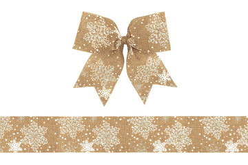 Burlap ribbon bow with snowflakes isolated on white background