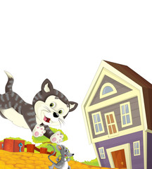 Obraz na płótnie Canvas cartoon scene with cat having fun on the farm on white background - illustration for children