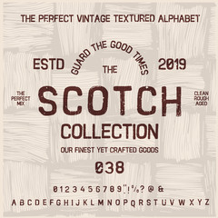 Vintage decorative font  "whiskey" with sample design. Good handcrafted western typeface in vintage style for labels, posters, greeting cards etc. Letters and numbers. Vector illustration
