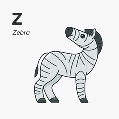 Fototapeta na wymiar Cartoon zebra, cute character for children. Vector illustration in cartoon style. Animal alphabet.