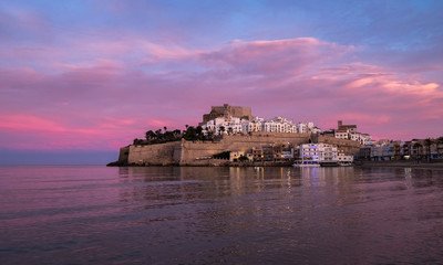 Fototapeta premium Peniscola sunset castle skyline and beach Castellon Spain