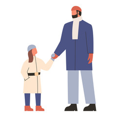 Couple of faceless characters wearing warm outfit. Walking father and daughter in winter clothes. Outdoor walk in winter season. Concept of family. Flat vector illustration