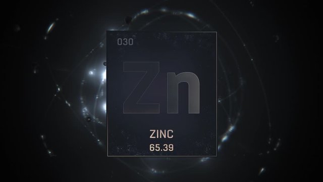 Zinc as Element 30 of the Periodic Table. Seamlessly looping 3D animation on silver illuminated atom design background with orbiting electrons. Design shows name, atomic weight and element number