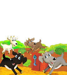 Fototapeta na wymiar Cartoon farm scene with animal goat having fun on white background - illustration for children