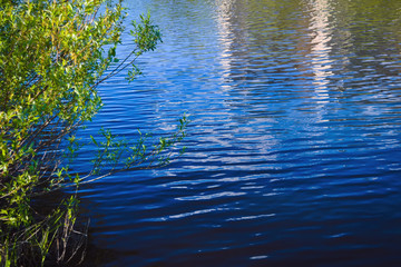 River water surface with sky reflection summer landscape.