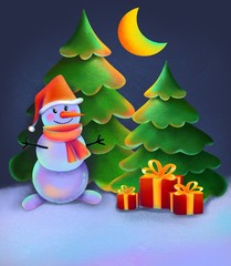 snowman winter christmas card tree poster illustration