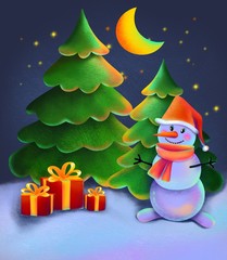 snowman winter christmas card tree poster illustration