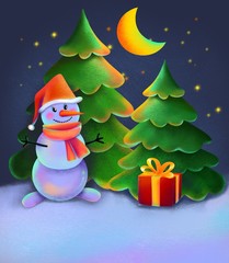 snowman winter christmas card tree poster illustration