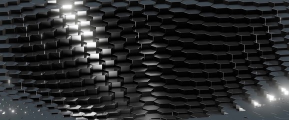 Black Hexagonal Array with One Glowing element in Center - 3D Render