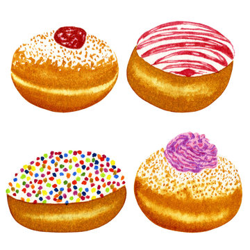 Hand drawn watercolor set of colorful donuts (doughnuts), isolated on white background. Sufganiyah. Israel pastry. Traditional Hanukkah dessert.