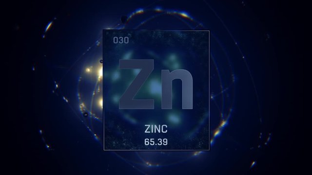 Zinc as Element 30 of the Periodic Table. Seamlessly looping 3D animation on blue illuminated atom design background with orbiting electrons. Design shows name, atomic weight and element number