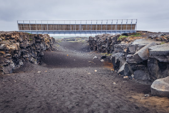 Midlina - the small symbolic footbridge between two continents in Reykjanes Peninsula in Iceland
