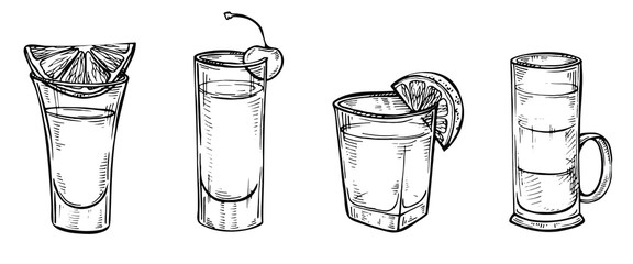 Hand drawn sketch set of alcoholic cocktails. Glass of tequila, vodka, cocktail, shot drink. Vector illustration on white background