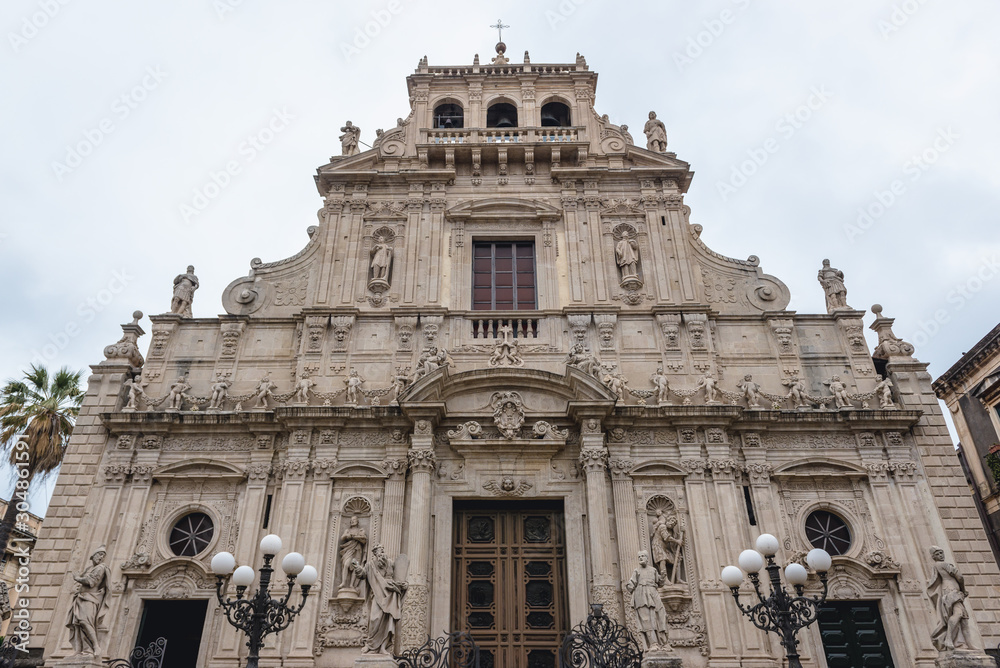 Poster Front view of San Sebastiano basilica in Acireale city on Sicily Island, Italy