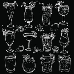 Sketch cocktails, alcohol drinks set. Hand drawn vector illustration. Martini, bloody mary, margarita, tequila, cosmopolitan, mojito, pina colada, whiskey, margarita, juice, milk shake and other 