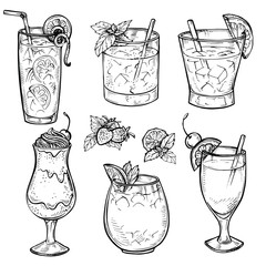 Sketch cocktails and alcohol drinks set. Hand drawn illustration. Whiskey, margarita, juice, milk shake and other. Set 1.