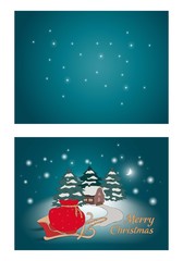 Christmas card, New Year's Eve, decorative house with Christmas trees, lit by the moon and falling snow. Sled with a bag of gifts, vector illustration for children's books.