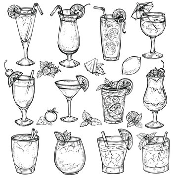 Sketch cocktails, alcohol drinks set. Hand drawn illustration. Martini, bloody mary, margarita, tequila, cosmopolitan, mojito, pina colada, whiskey, margarita, juice, milk shake and other.
