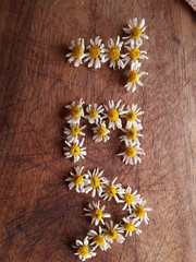Word TEA written with chamomile flowers on a rustic table. Background 