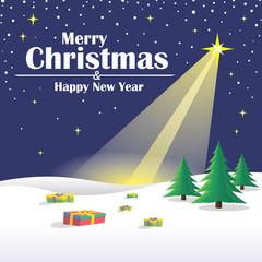 Merry Christmas Landscape. Christmas winter night landscape with star, gifts, snow and xmas tree. Vector winter background.