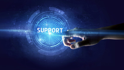 Hand touching SUPPORT button, modern business technology concept