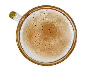 Glass beer mug isolated on white background top view