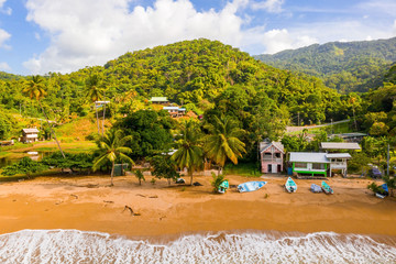 Beautiful tropical Barbados island. View of the golden beach with palms and crystal clear water....