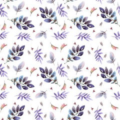 Watercolor pattern with blue and purple leaves.