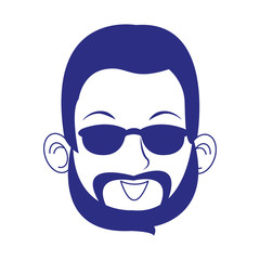 cartoon man with beard and sunglasses over white background, blue design