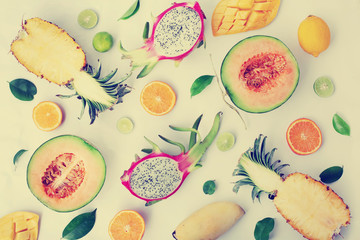 tropical food background with exotic juicy fruits